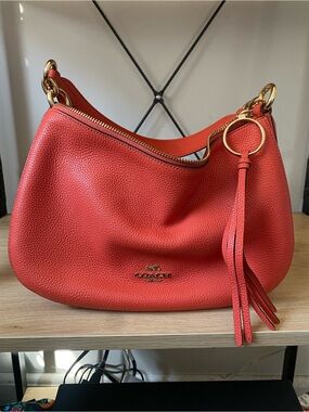 Coach Coral Pebbled Leather Hobo Shoulder Bag with Tassel